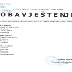 OBAVJEŠTENjE za korisnike zatvorenog bazena OBAVJEŠTENjE za korisnike zatvorenog bazena