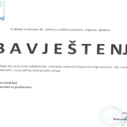 OBAVJEŠTENJE za korisnike zatvorenog bazena OBAVJEŠTENJE za korisnike zatvorenog bazena