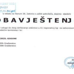 Obavještenje za korisnike zatvorenog bazena Obavještenje za korisnike zatvorenog bazena