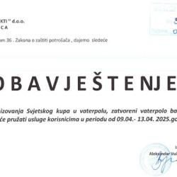 OBAVJEŠTENjE za korisnike zatvorenog vaterpolo bazena OBAVJEŠTENjE za korisnike zatvorenog vaterpolo bazena