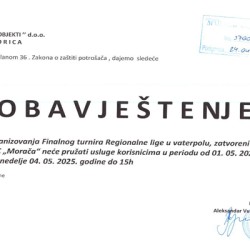 Obavještenje za korisnike zatvorenog bazena Obavještenje za korisnike zatvorenog bazena